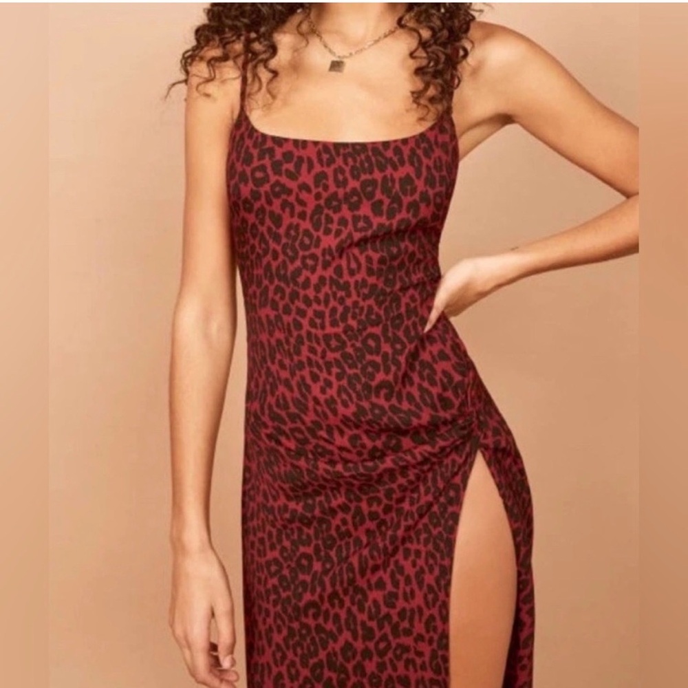 Reformation Red and Black Leopard Slip Midi Dress